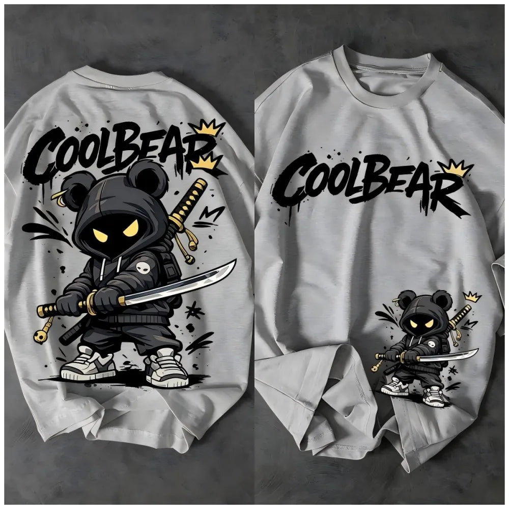 European and American Men's Summer Cartoon Warrior Letter Print Comfortable and Breathable Round Neck T-Shirt Outdoor Street Top