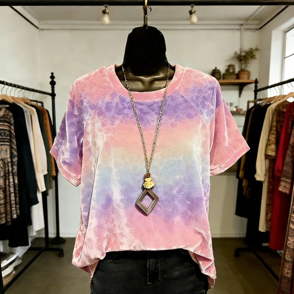 Women Fashion T-Shirts Soft Feel Short Sleeve Tops Trendy Gradient Color Animal Print Blouse for Casual Streetwear Loose Fit