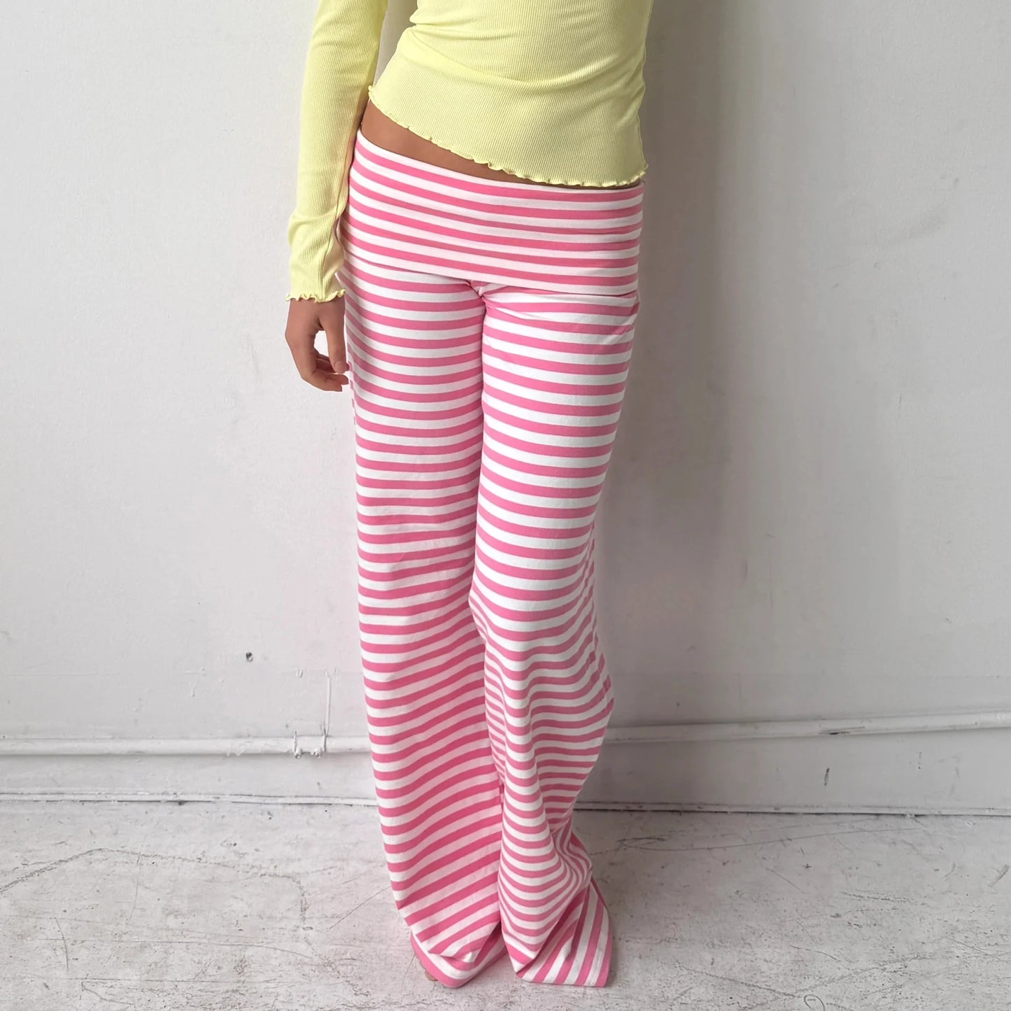Hirigin Y2K Fold Over Wide Leg Pants Preppy Striped Patchwork Low Waist Trousers Casual Lounge Yoga Sweatpants