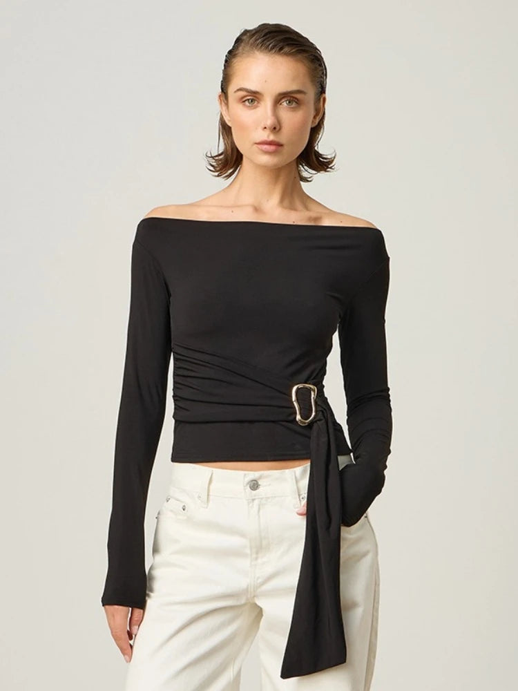 Long Sleeve T Shirts For Women Aesthetic Clothes Slash Neck Crop Top Tassels Tshirt Solid Color Camisetas Slim Fit Ropa De Mujer