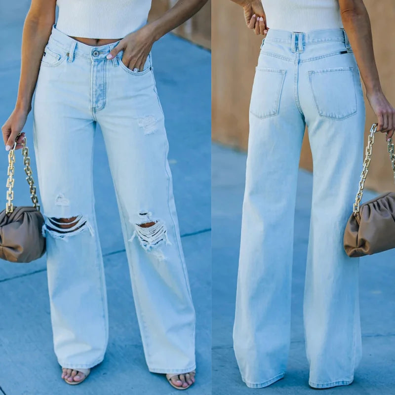 LIXZ Women's Light Washed Ripped Denim Jeans Casual Trendy High Waist Straight Leg Pants