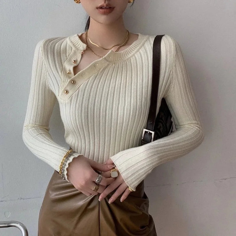 Knitted Sweaters For Women High Quality 2025 Trend Pullover Female Sweater Vintage Brown Striped Cropped Long Sleeve Cute Tops