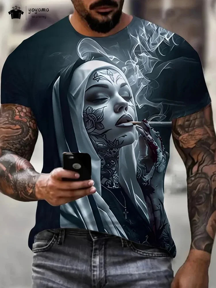 Men's  with Smoking Nun 3D Graphic T-Shirt Black Casual Summer Tee Short Sleeves Polyester  Streetwear T-Shirts Vintage Clothing