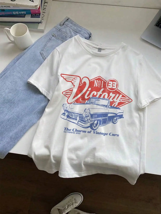Women T-shirts The Charm Of Vintage Cars Victory Printing Short Sleeve O-Neck Tops Summer Street Clothes