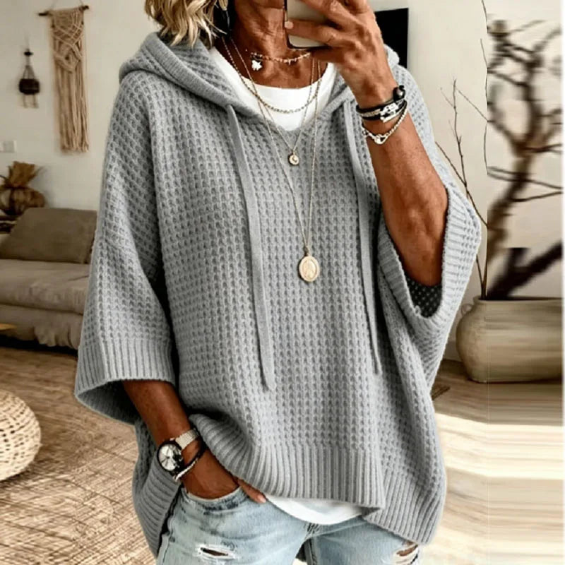 Women Knit Hooded Sweaters Drawstring Hood V Neck 3/4 Sleeve Loose Pullovers Solid Soft New Casual Autumn Winter Streetwear Tops