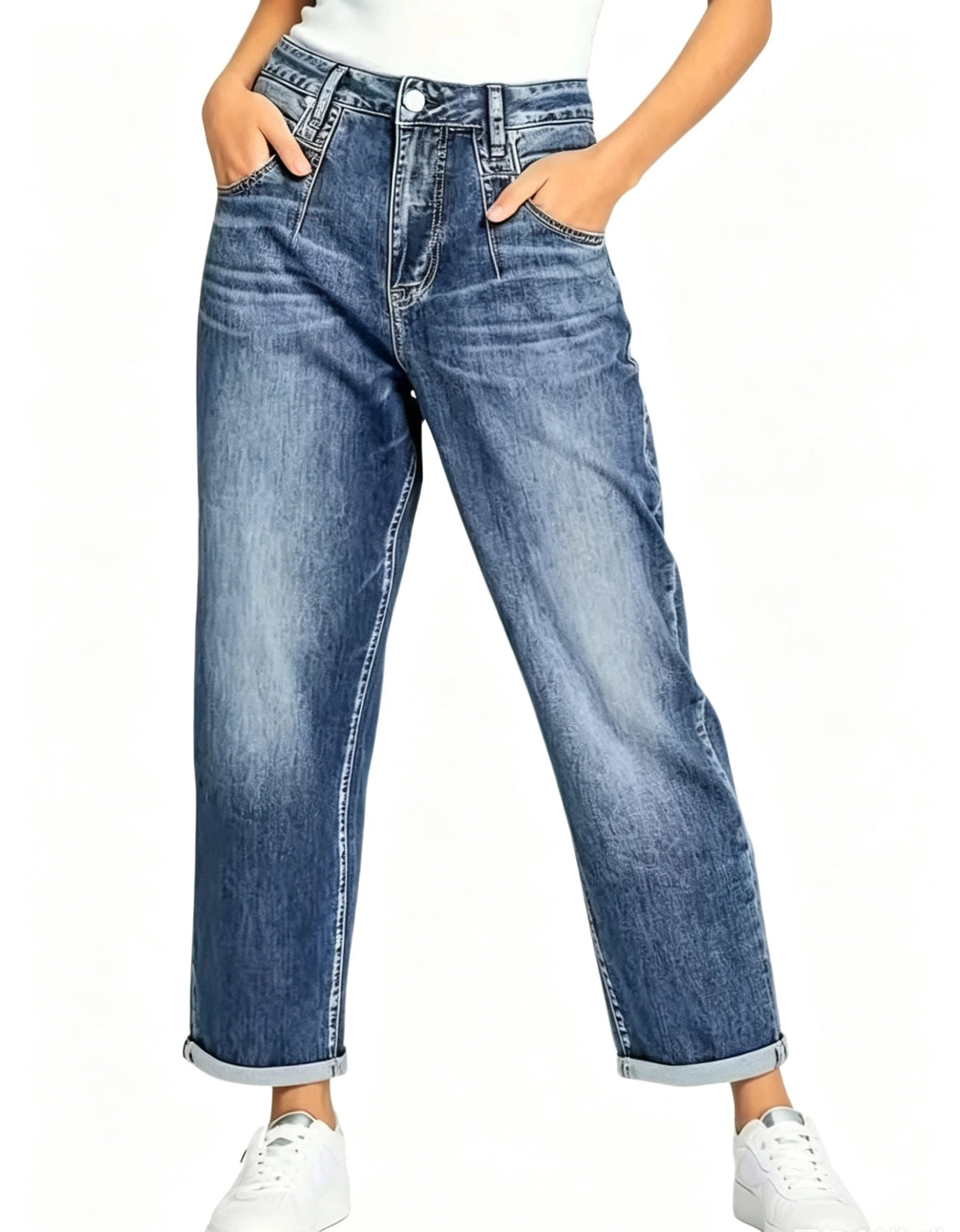 Women's Blue High-Waisted Jeans, Relaxed-Fit Slimming Straight-Leg Cropped Jeans with Rolled Hems