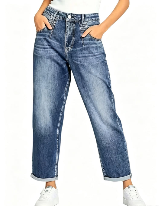 Women's Blue High-Waisted Jeans, Relaxed-Fit Slimming Straight-Leg Cropped Jeans with Rolled Hems