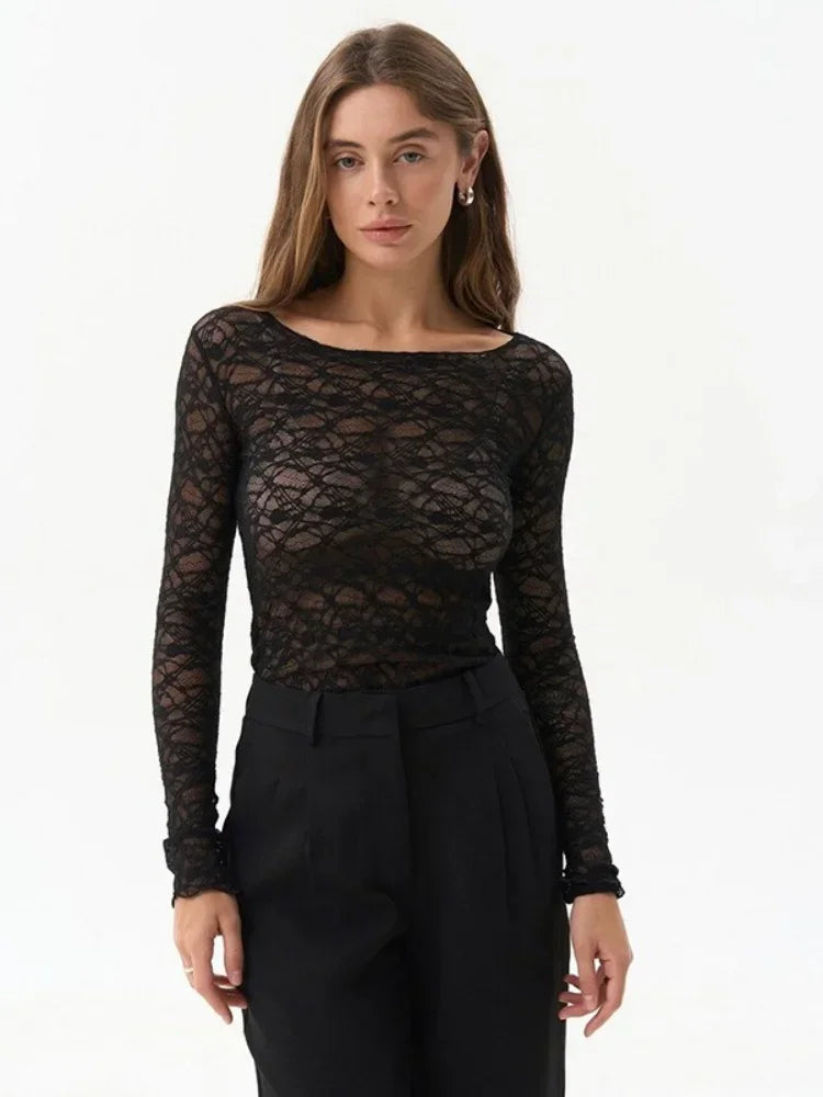 Long Sleeve T Shirts For Women Aesthetic Clothes O-neck Ropa Mujer See Through Lace Crop Top Slim Fit Camisetas Y2k Accessories