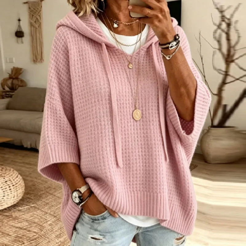 Women Knit Hooded Sweaters Drawstring Hood V Neck 3/4 Sleeve Loose Pullovers Solid Soft New Casual Autumn Winter Streetwear Tops