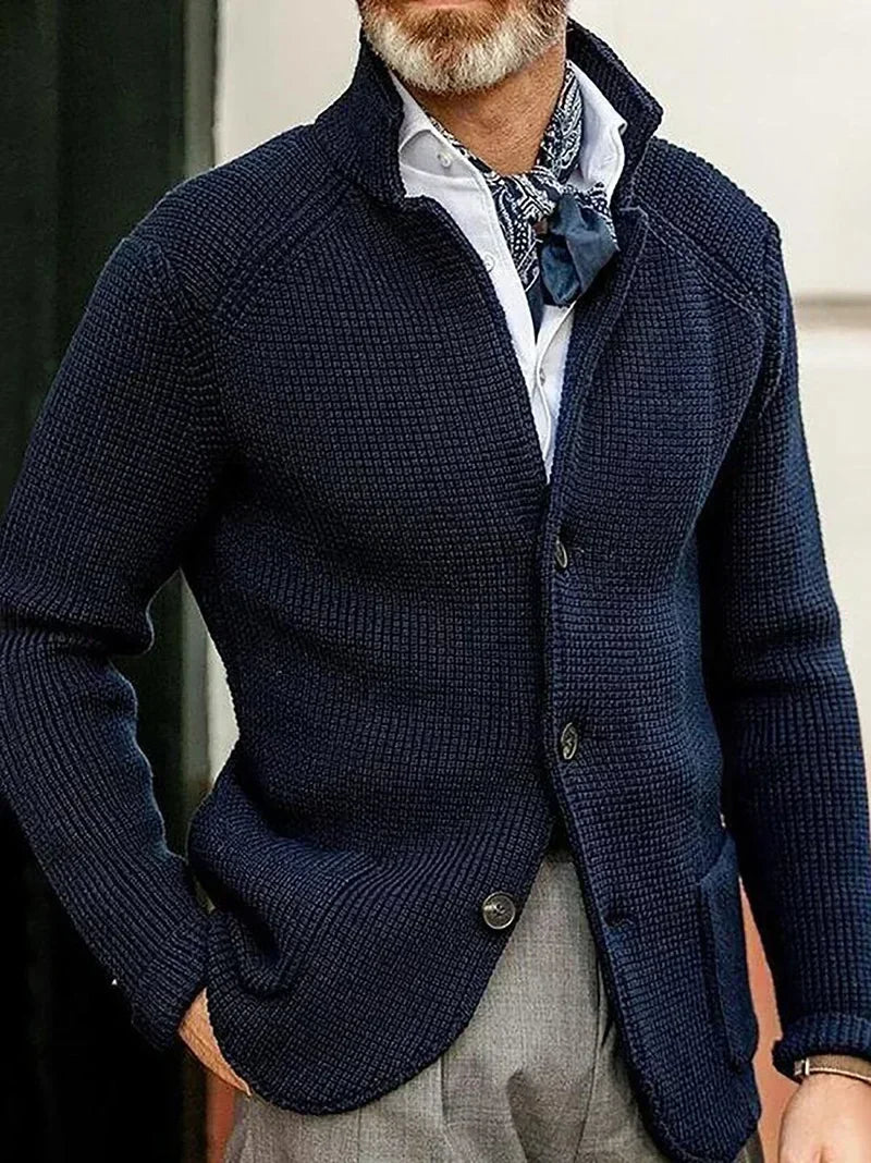 Men's Solid Casual Knitwear Sweater Thick Warm Stand Collar Cardigan Tops Elegant Knitted Coats Autumn Winter Male Sweaters