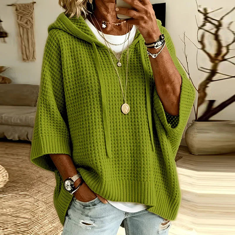 Women Knit Hooded Sweaters Drawstring Hood V Neck 3/4 Sleeve Loose Pullovers Solid Soft New Casual Autumn Winter Streetwear Tops