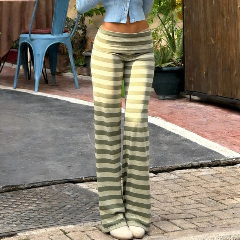 Coquette Low Rise Yoga Pants Lounge Bottoms Elegant Striped Fold Over Pants Y2k Vintage Wide Leg Flare Leggings Sweatpants