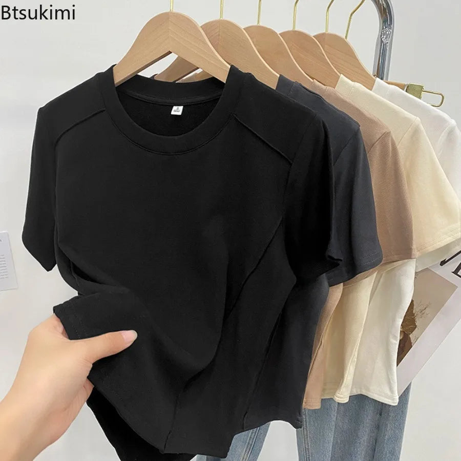 Women's T Shirts Solid Color Round Neck Short Sleeve Slim Versatile T Shirts Women 2026 Summer Fashionable Age Reduction Tops