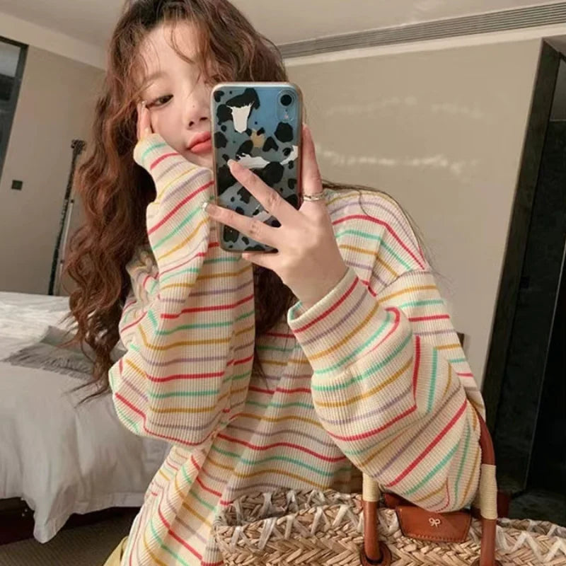 Long Sleeve T-shirts Women Striped Fashion Spring Cozy Loose Casual Panelled Korean Style Students All-match Lovely Female Chic