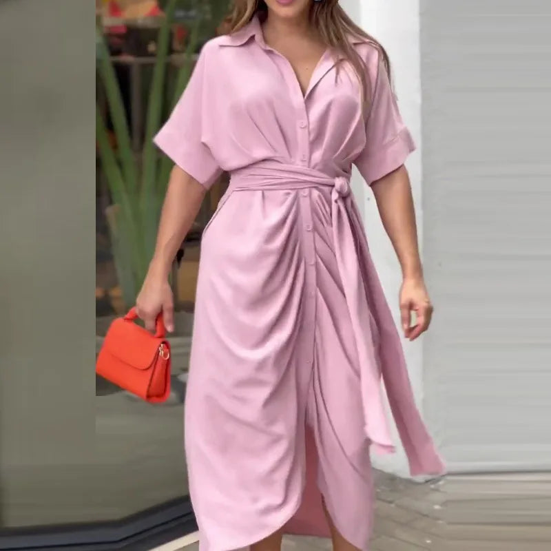 Elegant Dresses For Lady Vestidos 2026 Woman Dress Vestido Commuting Temperament Printed Irregular Leace-up Lapel Slim Contrast