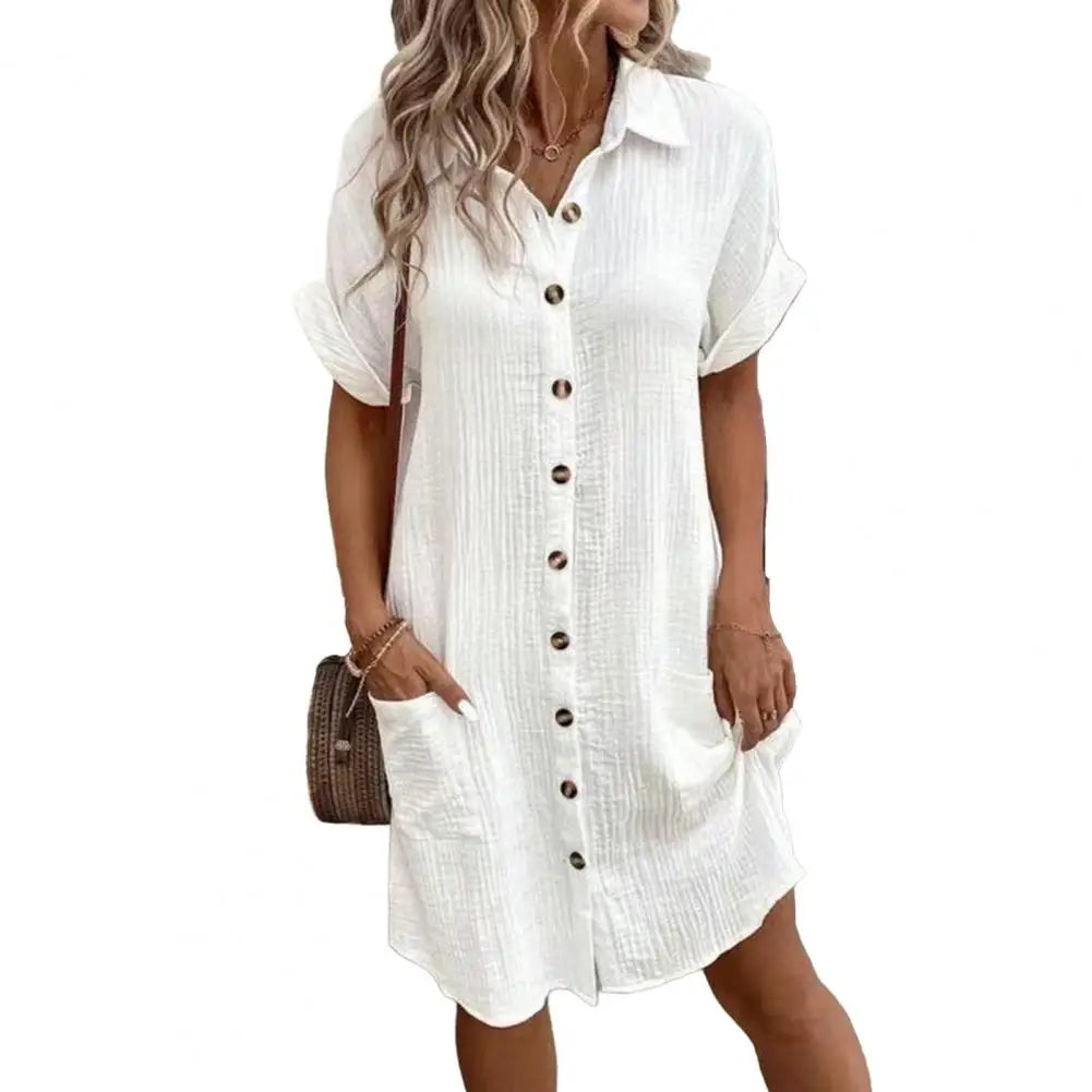 2026 Cotton Linen Dress Casual Button Down V-neck Dress Summer Short Sleeve Beach Sundress Elegant Maxi Dress