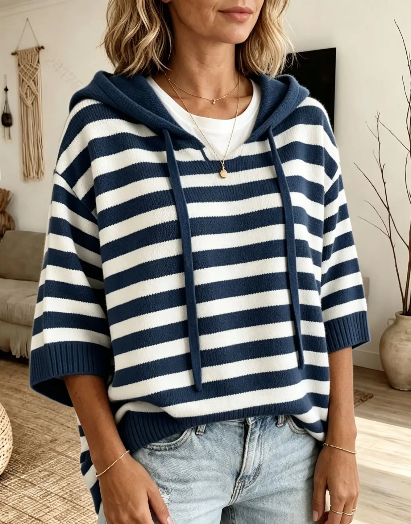 Women's Sweater New Hooded Drawstring Knitted Sweater Loose Long Sleeve Striped Jumper Women