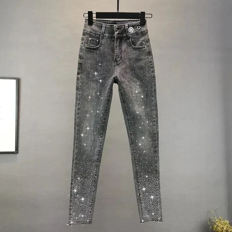 VWBQNZ Women's Jeans 2025 Summer New Elastic Slim Heavy Industry Hot Diamond Small Foot Pencil Pants Female Casual Denim Trousers