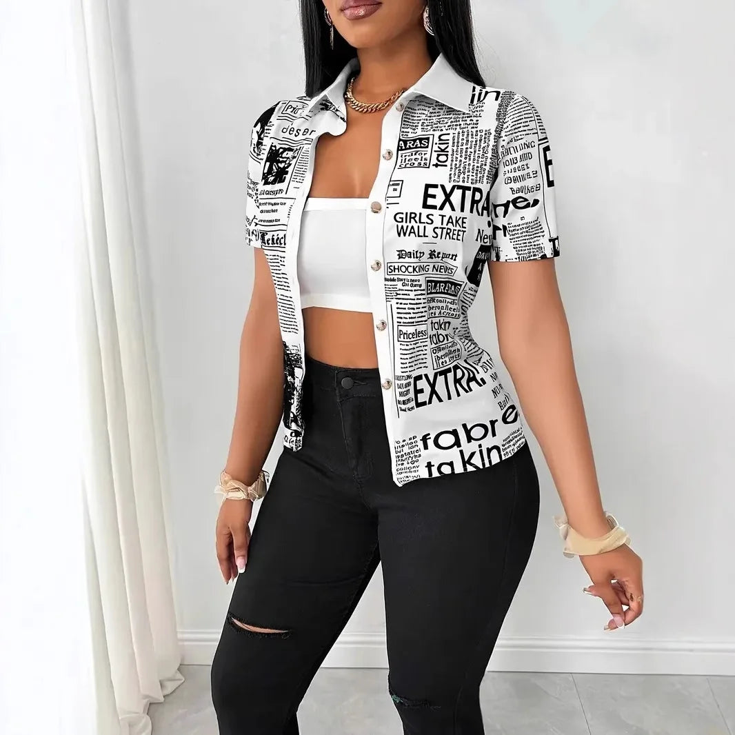 Shirt Top Women Letter Print Blouse Turn Down Collar Single Breasted Short Sleeves Tops 2025 Summer Office Lady Overshirt