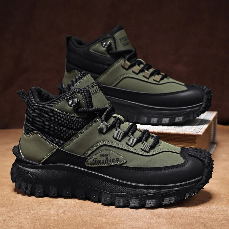 Men'S Black And White Mid Top Hiking Boots Waterproof Leather Platform Sneakers Non Slip Outdoor Casual Shoes With Rugged Sole