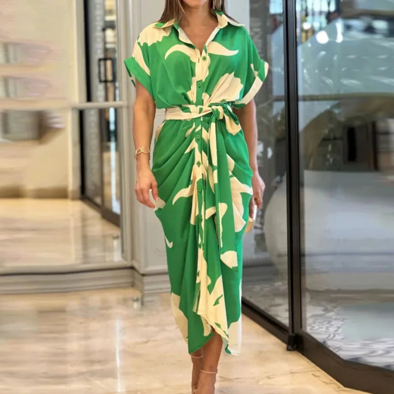 Elegant Dresses For Lady Vestidos 2026 Woman Dress Vestido Commuting Temperament Printed Irregular Leace-up Lapel Slim Contrast