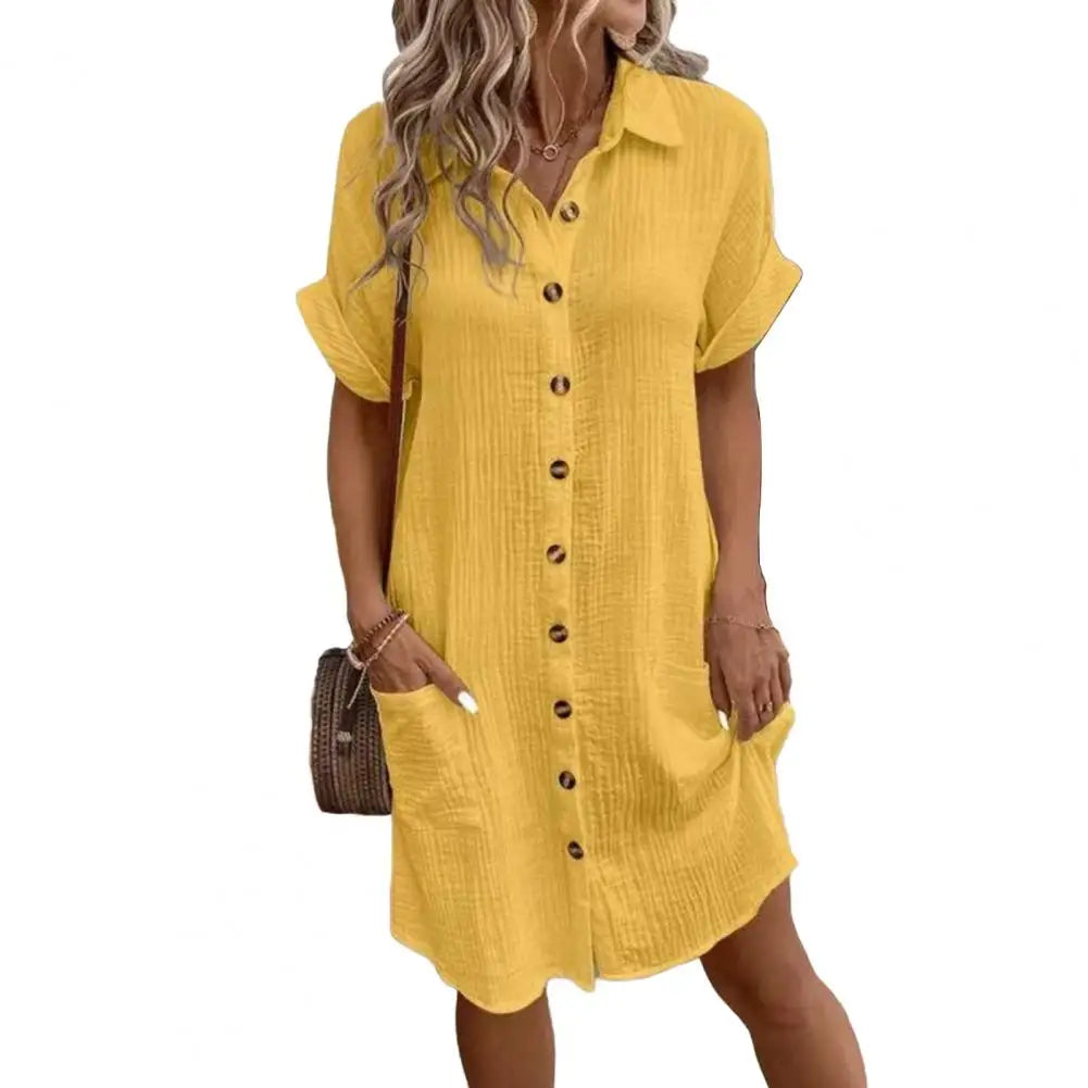 2026 Cotton Linen Dress Casual Button Down V-neck Dress Summer Short Sleeve Beach Sundress Elegant Maxi Dress