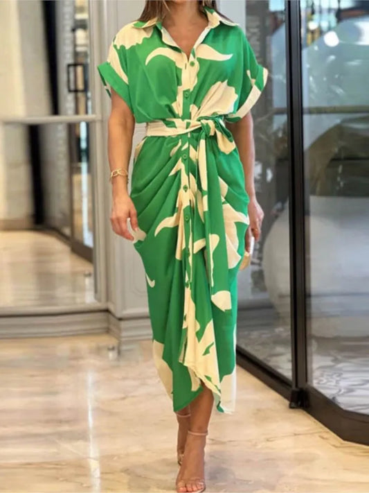 Elegant Dresses For Lady Vestidos 2026 Woman Dress Vestido Commuting Temperament Printed Irregular Leace-up Lapel Slim Contrast