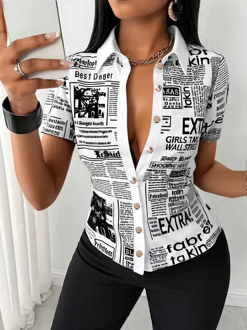 Shirt Top Women Letter Print Blouse Turn Down Collar Single Breasted Short Sleeves Tops 2025 Summer Office Lady Overshirt