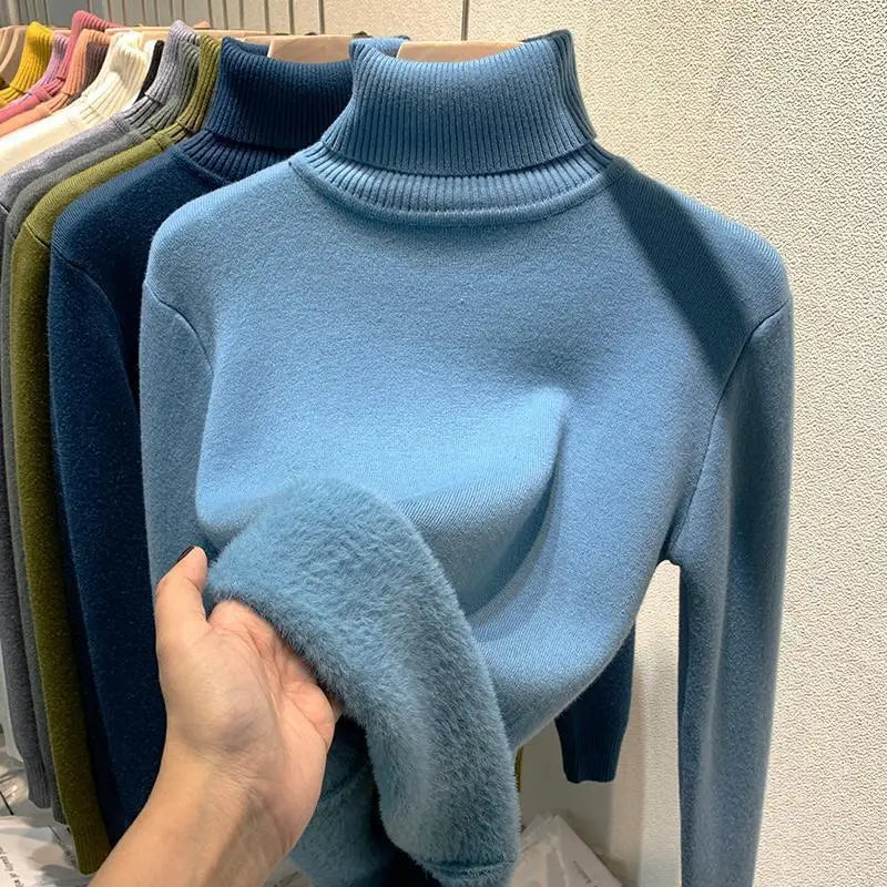 Women's Clothing Sweaters High Collar Knitted Top 2023 Autumn Winter plush thickened lining black long sleeved bottom Pullovers