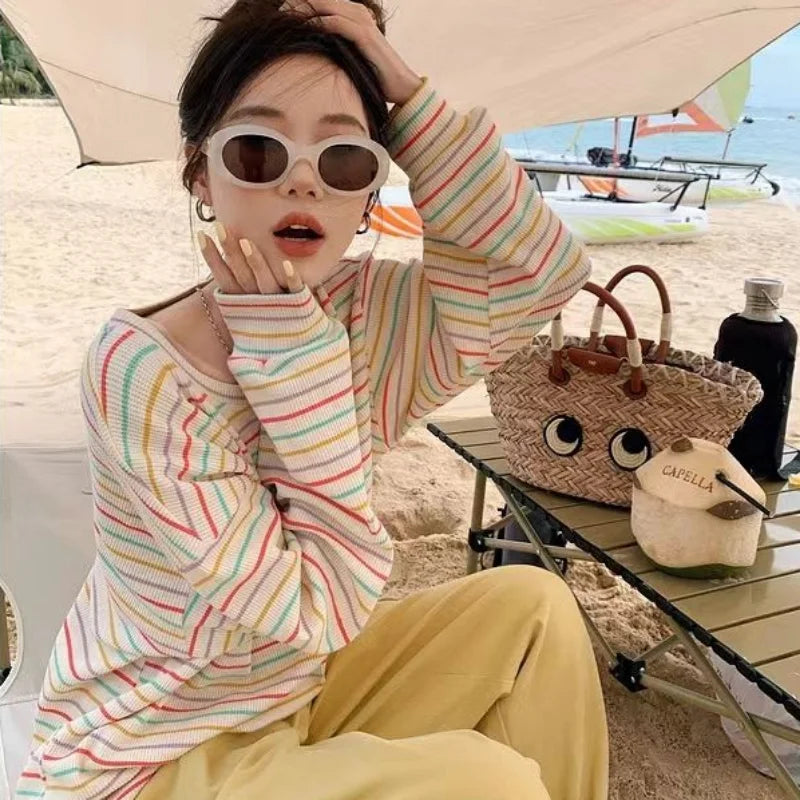 Long Sleeve T-shirts Women Striped Fashion Spring Cozy Loose Casual Panelled Korean Style Students All-match Lovely Female Chic