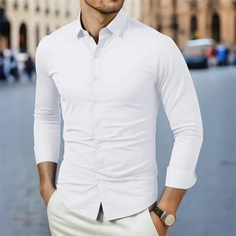 New Men's Business Casual Long Sleeved Solid Color Shirt Wrinkle Resistant Wrinkle Free Comfortable All Season Versatile Top