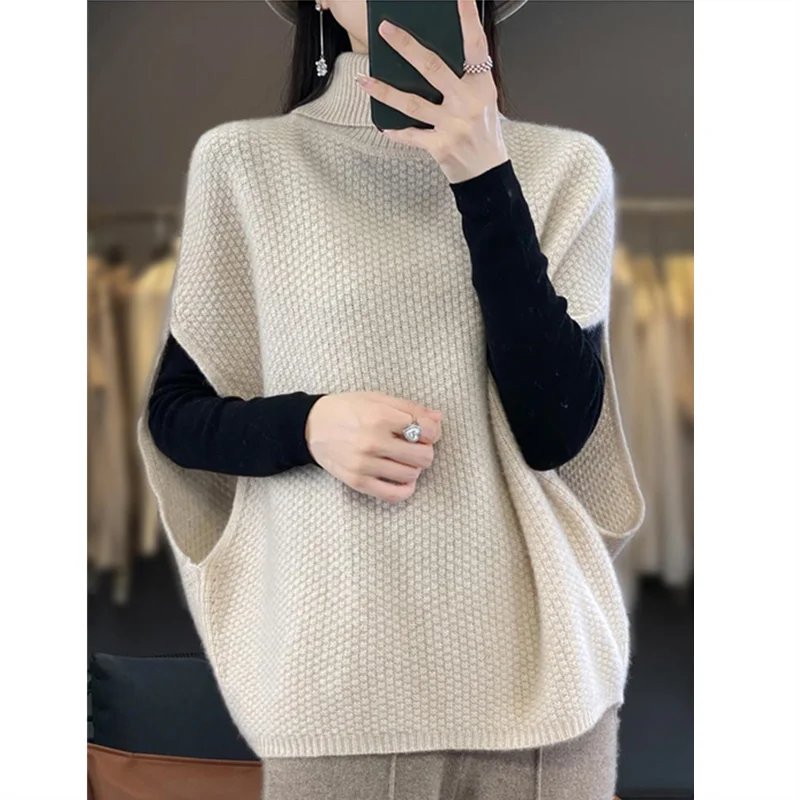 Women Batwing Sleeve Sweaters Knitting Vest Casual High Collar Elegant Solid Sweaters Loose-fit Sleeveless Waistcoat Pullover