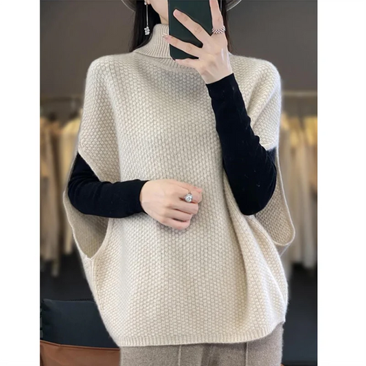 Women Batwing Sleeve Sweaters Knitting Vest Casual High Collar Elegant Solid Sweaters Loose-fit Sleeveless Waistcoat Pullover