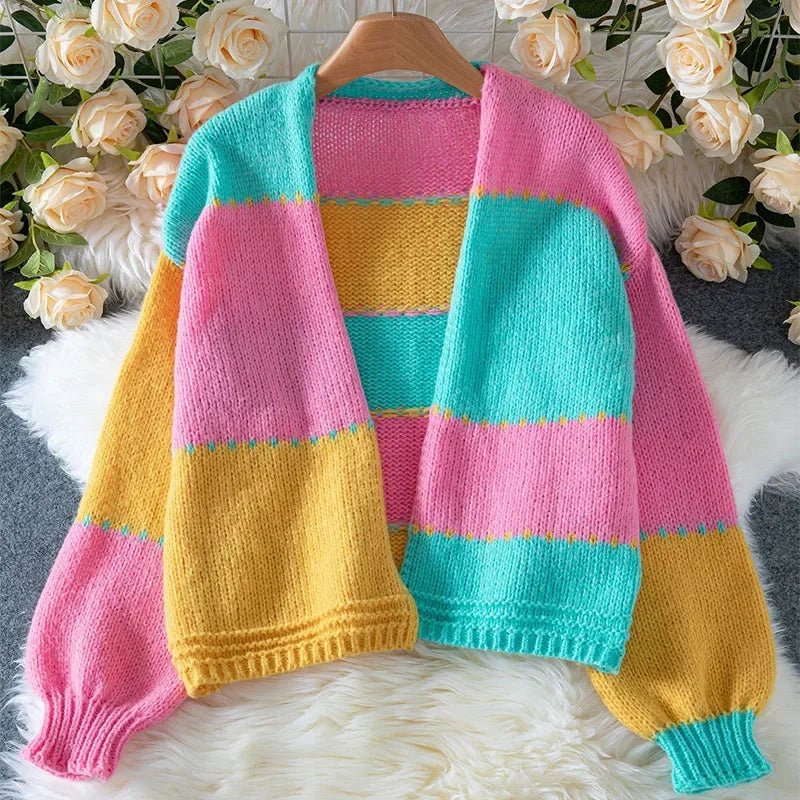 Women Sweaters Cardigan Autumn Winter Female Long Sleeve Knitted Tops Ladies Fashion Patchwork Outerwear Casual Loose Knitwear