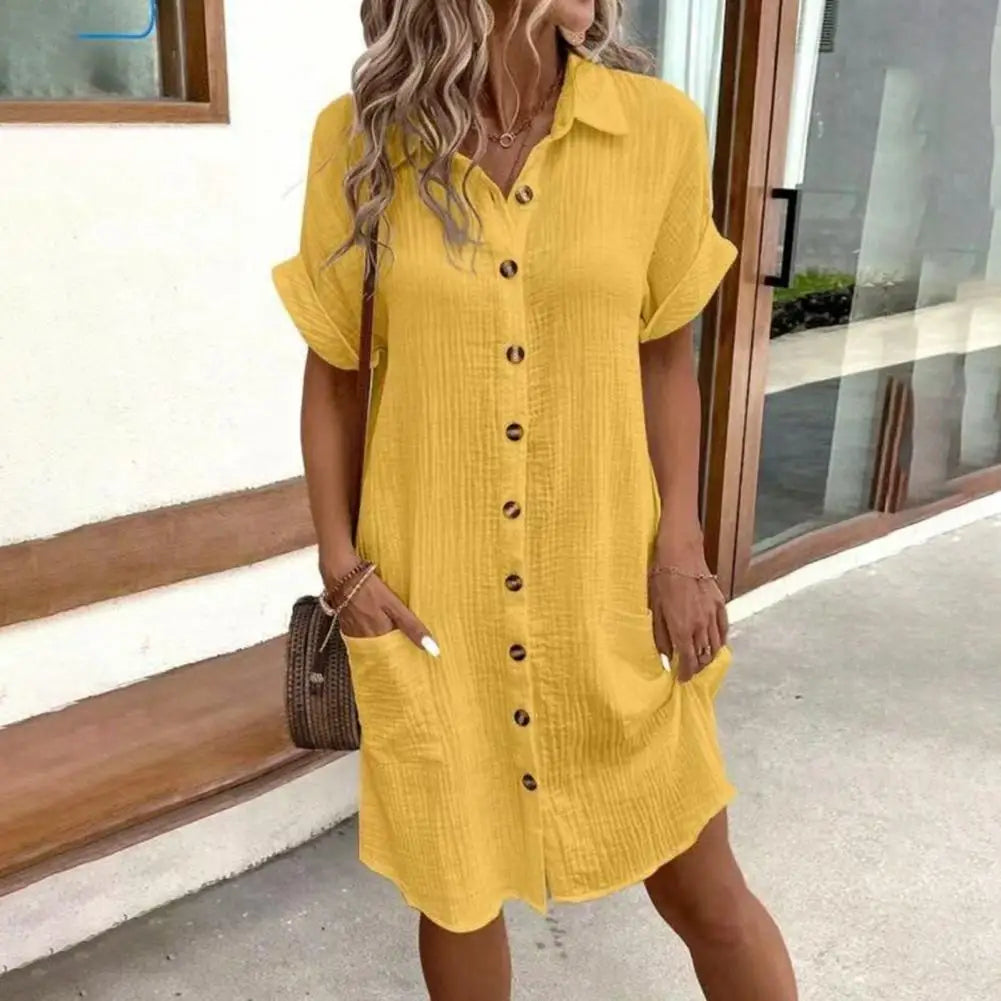 2026 Cotton Linen Dress Casual Button Down V-neck Dress Summer Short Sleeve Beach Sundress Elegant Maxi Dress