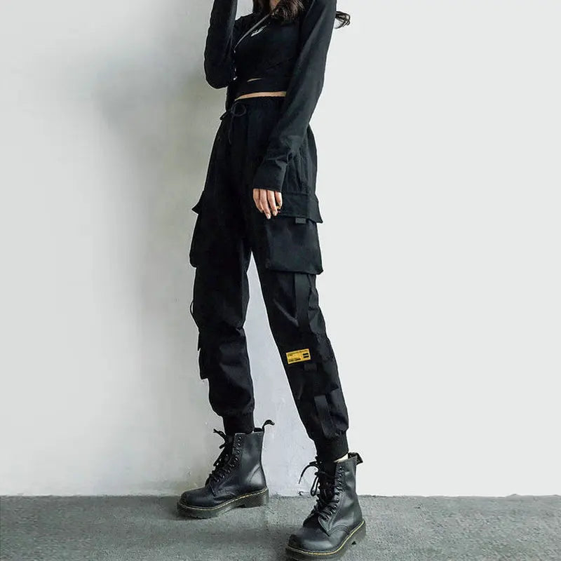 Women's Cargo Pants Black Ribbon Pocket Jogger Elastic Waist High Streetwear Harajuku Pant Punk Females Trousers Harem Pants