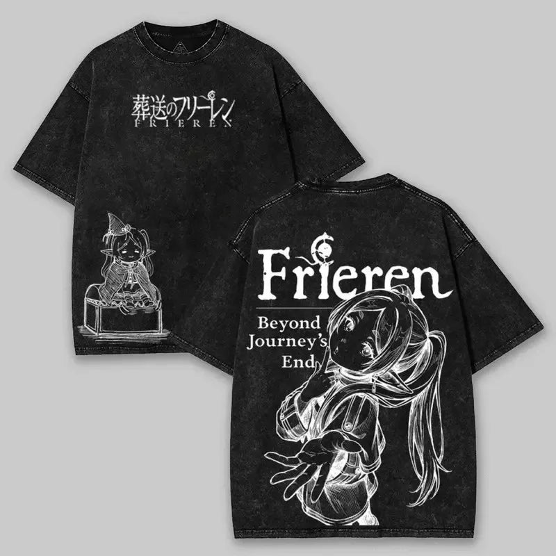 Harajuku Anime Frieren Beyond Journey's End T-shirt Unisex Clothing Washed Oversized T Shirt Short Sleeve Cotton Tees Tops