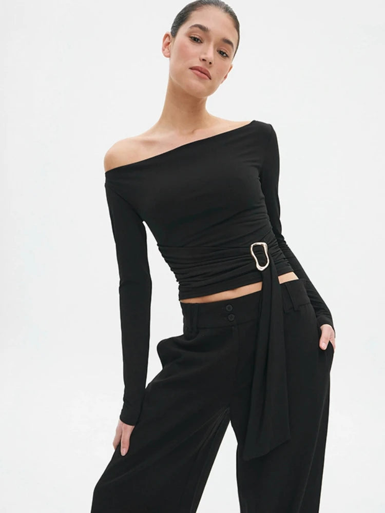 Long Sleeve T Shirts For Women Aesthetic Clothes Slash Neck Crop Top Tassels Tshirt Solid Color Camisetas Slim Fit Ropa De Mujer