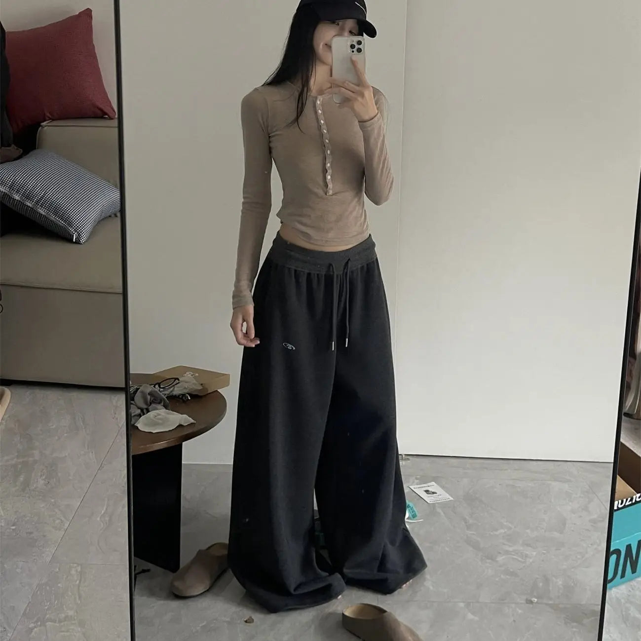 Oversized Grey Black Sweatpants Y2K Korean Streetwear Loose Casual Jogger Pants High Waist All Match Drawstring Trousers
