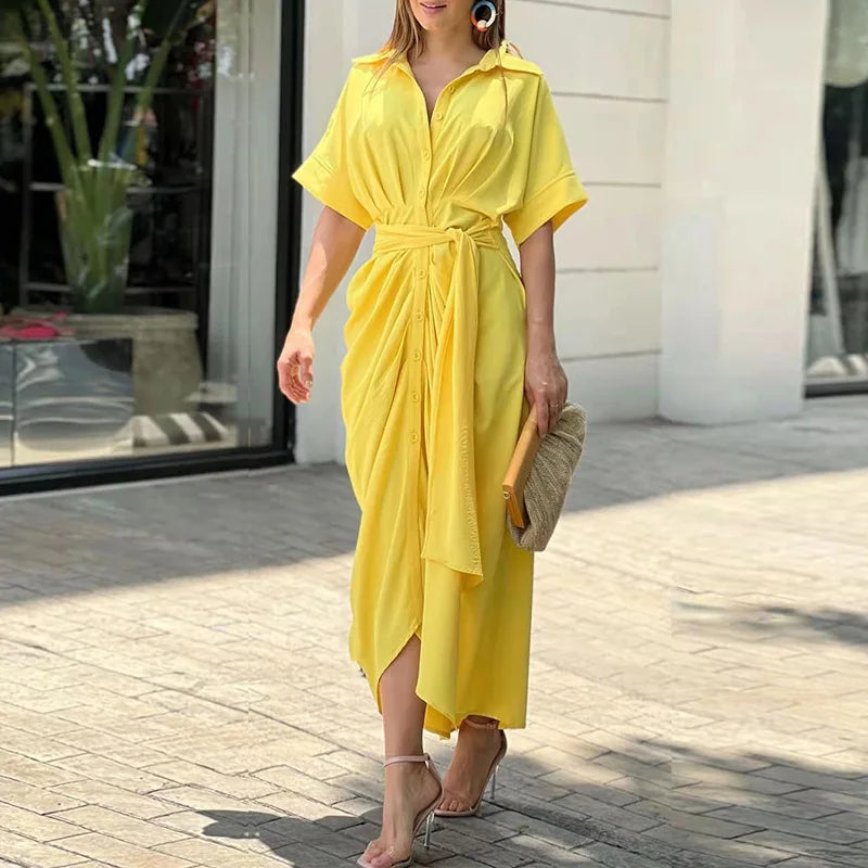 Elegant Dresses For Lady Vestidos 2026 Woman Dress Vestido Commuting Temperament Printed Irregular Leace-up Lapel Slim Contrast