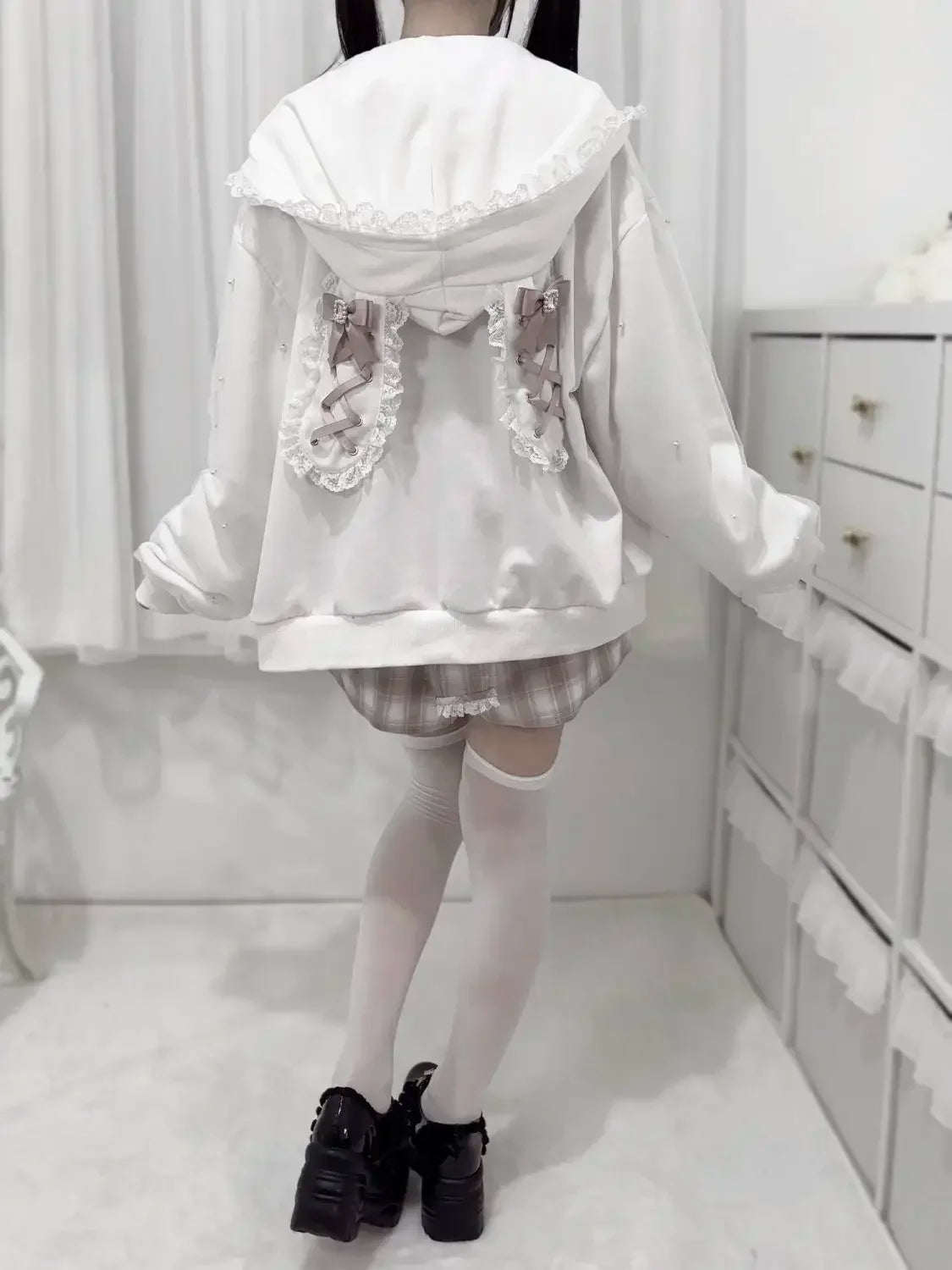 Japanese Kawaii Bunny Ear Hoodie Sweet Lace Rabbit's Ears Lolita Style Zipper Jackets Harajuku Kawaii Lace Bow Zipper Coat