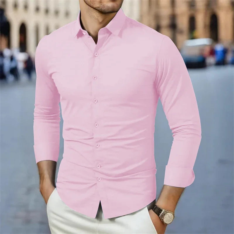 New Men's Business Casual Long Sleeved Solid Color Shirt Wrinkle Resistant Wrinkle Free Comfortable All Season Versatile Top