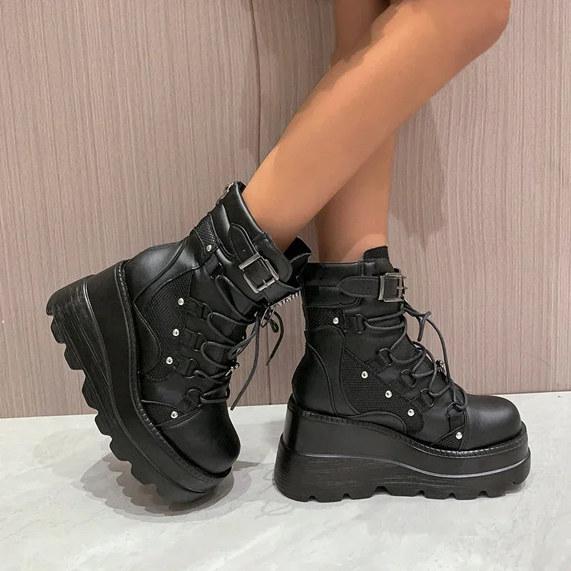 2025 New Design Punk Gothic Motorcycle Platform Boots (Chunky High Heel Ankle Boots Cool Wedge Black for Women)