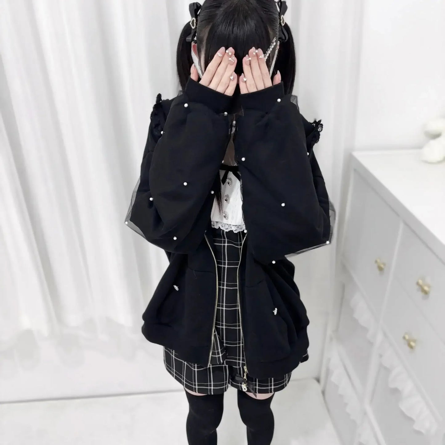 Japanese Kawaii Bunny Ear Hoodie Sweet Lace Rabbit's Ears Lolita Style Zipper Jackets Harajuku Kawaii Lace Bow Zipper Coat