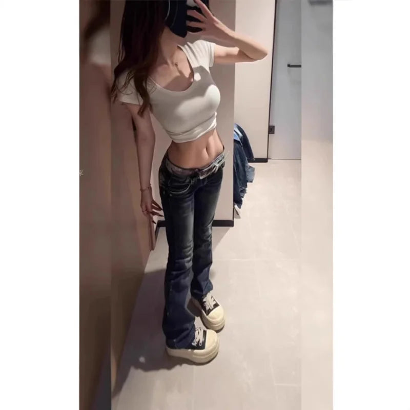 Low Waist American Minimalist Design Embroidered Wings Women's Jeans Versatile Micro Flared Pants Straight Leg Long Trousers