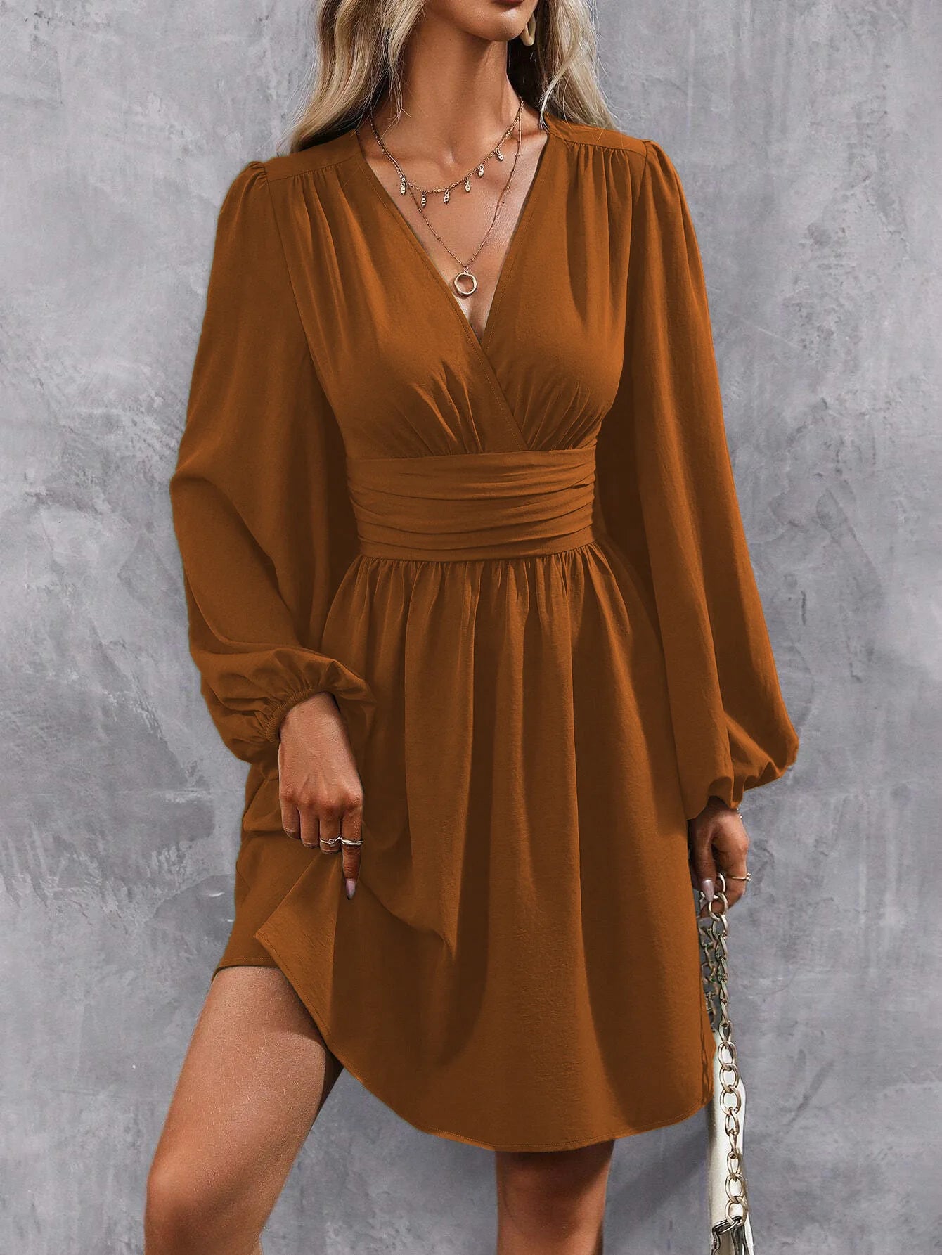 Dresses 2025 Woman Clothing V Neck Lantern Sleeve Wrap Mini Dress Ruched Waist Flowy Hem Elegant for Autumn and Party Styles ﻿