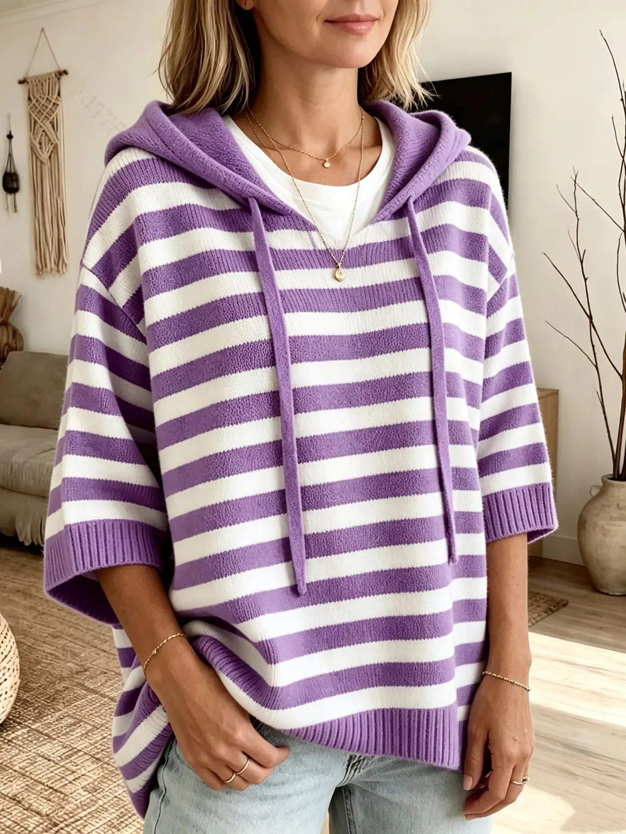 Women's Sweater New Hooded Drawstring Knitted Sweater Loose Long Sleeve Striped Jumper Women