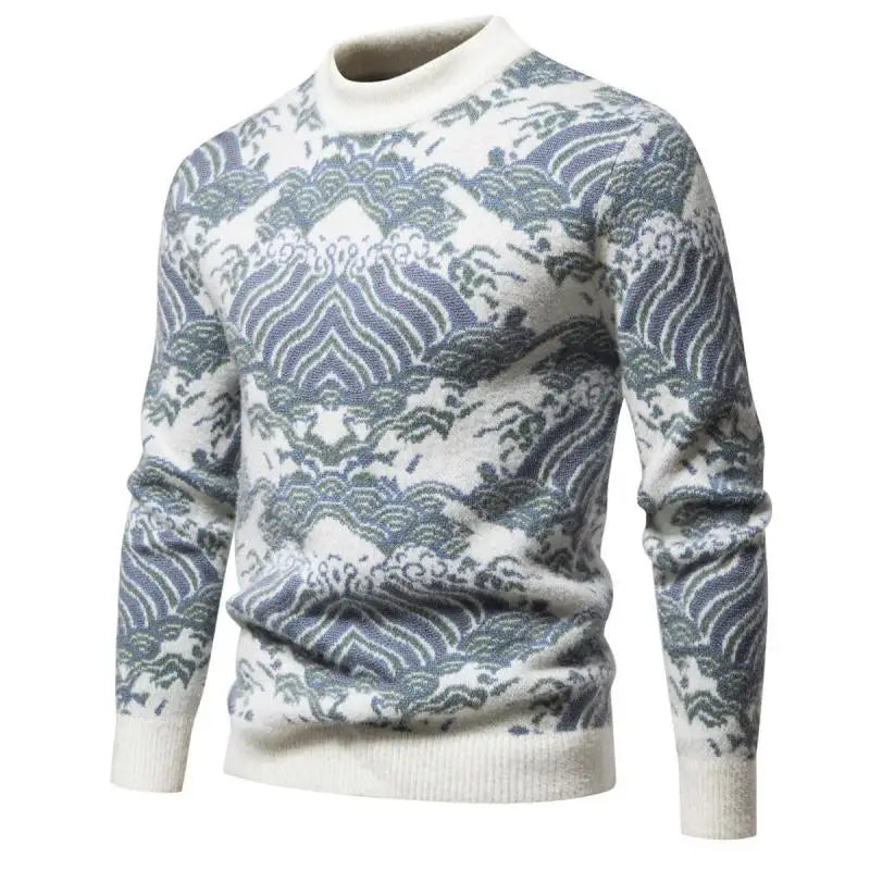 Men's Oversized Mohair Sweater Soft Long Sleeve Wave Print Pullover Knit Top for Spring Autumn Casual Streetwear Winter Wear