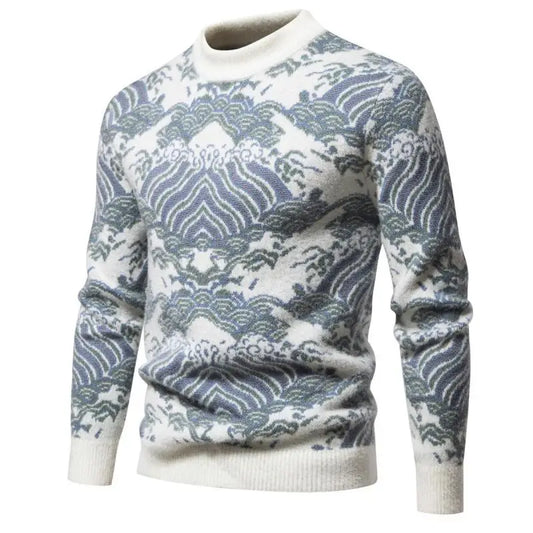 Men's Oversized Mohair Sweater Soft Long Sleeve Wave Print Pullover Knit Top for Spring Autumn Casual Streetwear Winter Wear