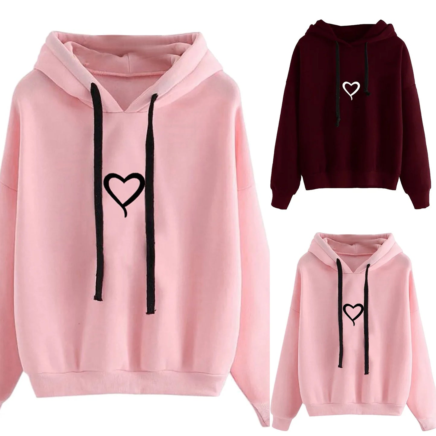 Fashionable Loose Fit Hooded Heart Print Sweatshirt